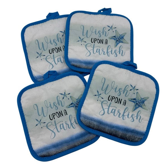 Beach Wish Upon A Starfish Blue White Hot Pot Holders Set of 4 - Picture 1 of 4